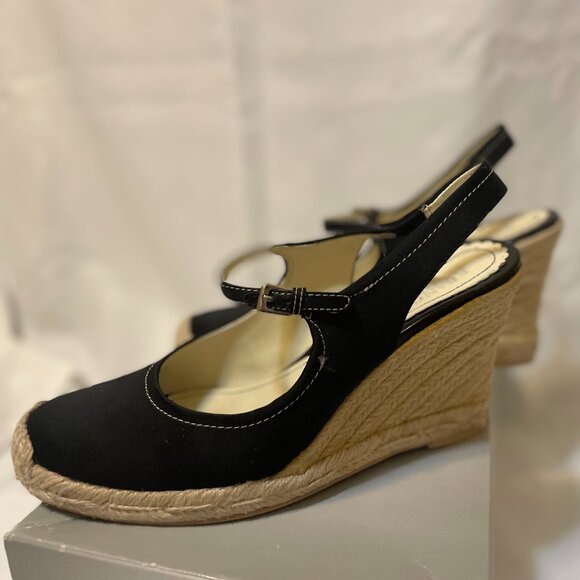 Franco Sarto, L-Queen, Wedge Platforms, Black Satin/Leather, Size 10M - Picture 1 of 5